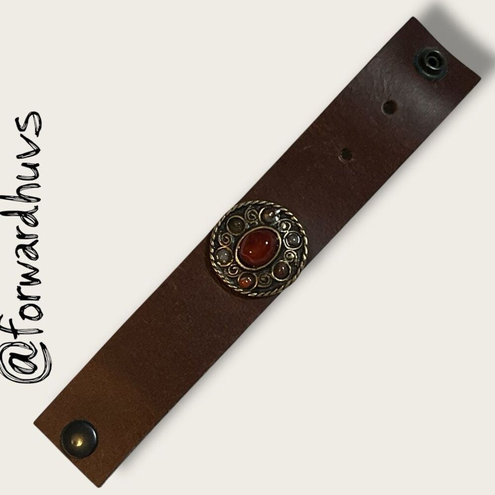 Wide Brown Leather Snap Bracelet with Faux Stone Center – 1.5”